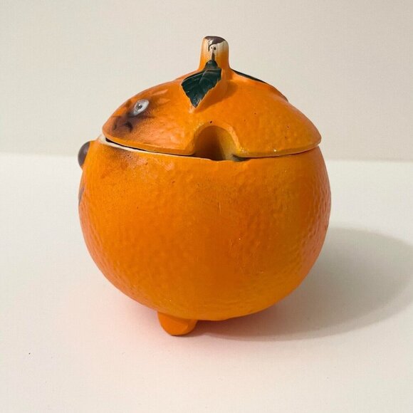 Vintage Orange Anthropomorphic Smiling Fruit Ceramic Sugar Bowl Googly Eyes - Picture 2 of 16
